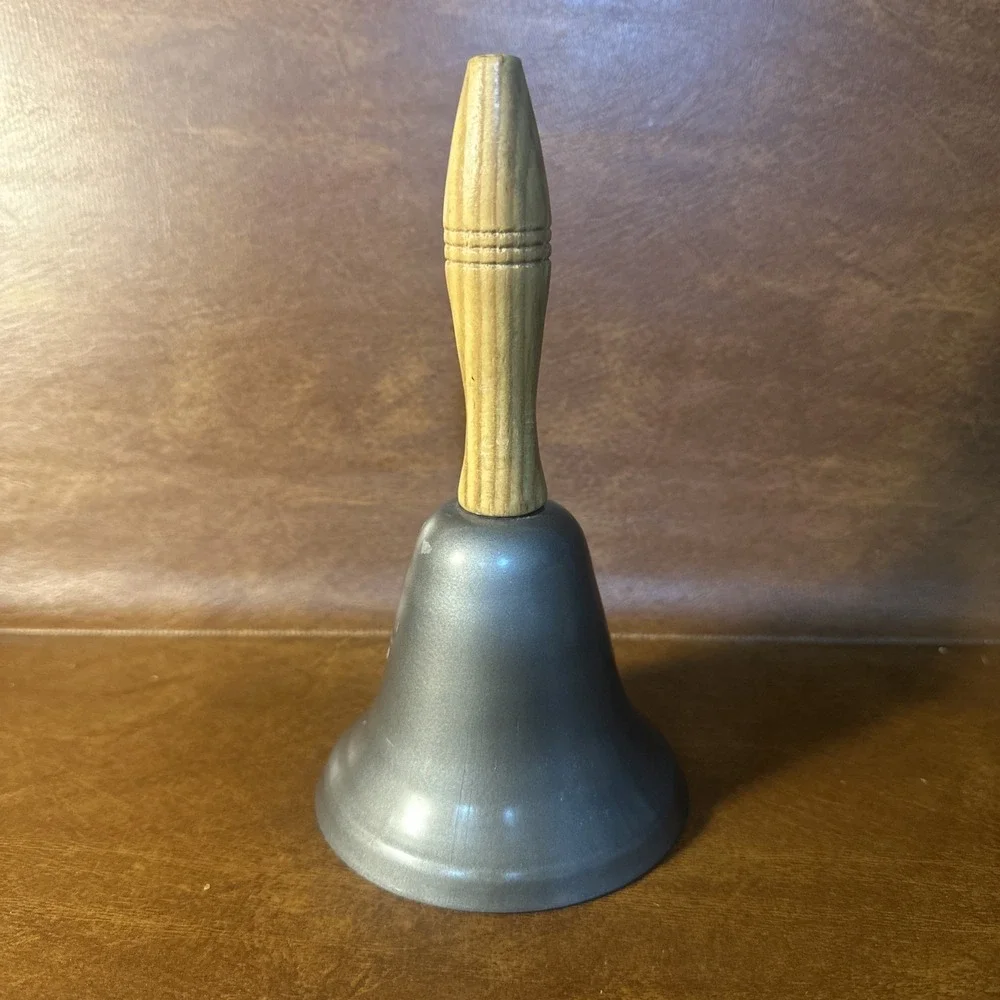 Vintage Retired Metal Hand Held Dept 56 Desk Bell Wood Handle Metal Tone